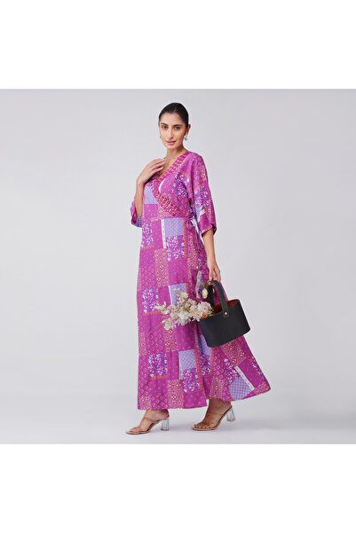 LINELLE Navy Blue Patchwork Floral Geometric Faux-Wrap Maxi Dress