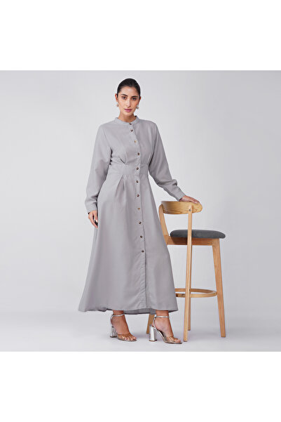 LINELLE Sage Green Solid Band Collar Buttoned Maxi Dress