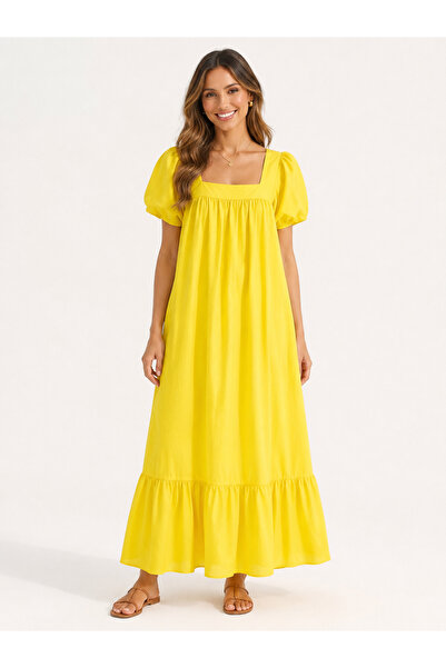 ELİGEQUEEN Women's Yellow 100% Cotton Summer Long Dress Square Neck Balloon S...