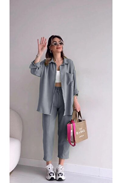 Toridas Set de cămașă și pantaloni gri, cu croială lejeră, pentru femei