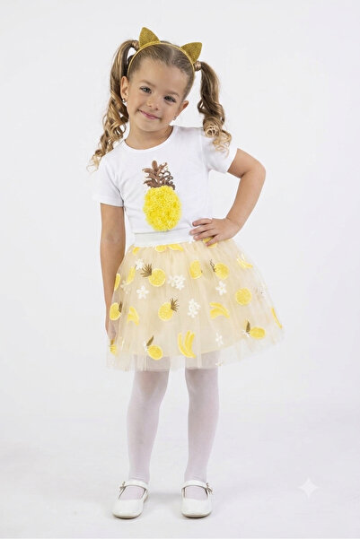 NATS KİDS Girl's Yellow Tulle Skirt Set with Pineapple Appliqué Short Sleeve ...