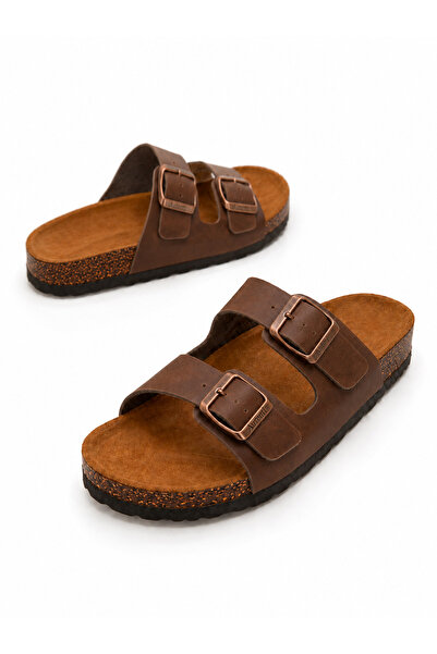 Castle Black Autenti Women's Full Orthopedic Leather Brown Slippers - Genuine Cork Fussbett-Eva Sole - Made in Spain