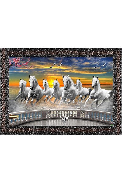 HOME MODE Vastu Runing Seven Horses Painting With Frame 13 Inches X 10 Inches...