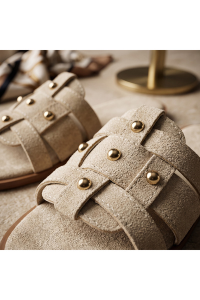 TopukTrend Women's Slippers Suede Gold Studded Detailed Cross-Strapped Women's Orthopedic Sole Slippers