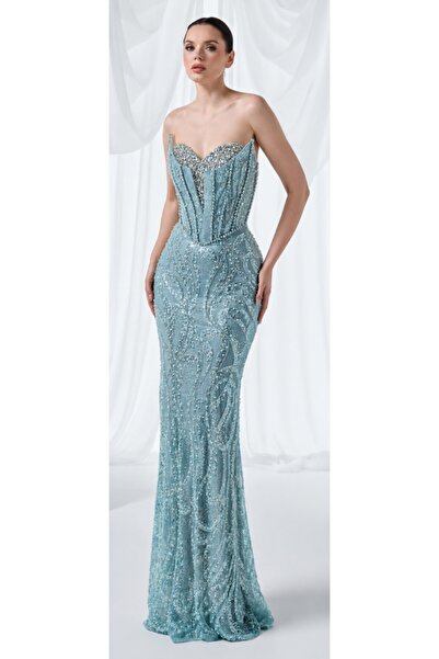 AYSHA BOUTIQUE Nehir Rengi Taş İşlemeli Korsaj Formlu Uzun Abiye Elbise