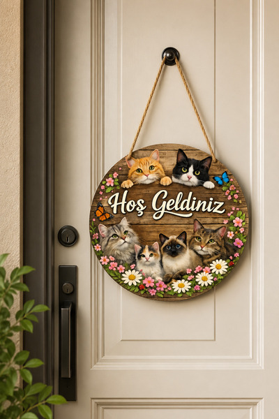 SHELİFE Cat Themed Welcome Door Ornament Round Wooden Decor