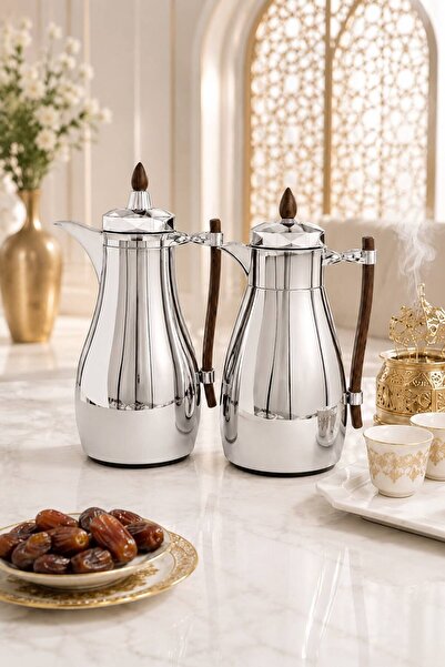 Generic Luxury Trams Set (2 Pieces) Shiny Silver with Wooden Handle 1 Liter C...