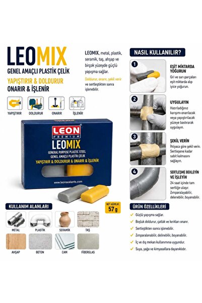 leon LEOMIX Genel Amaçlı Plastik Çelik Epoksi Tamir Macunu 57 gr ( Metal, Pla...