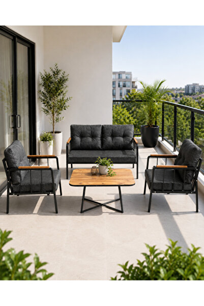 todek home Liva Bahçe Balkon Oturma Grubu - 2+1+1 Takım + Sehpa - Siyah Metal...