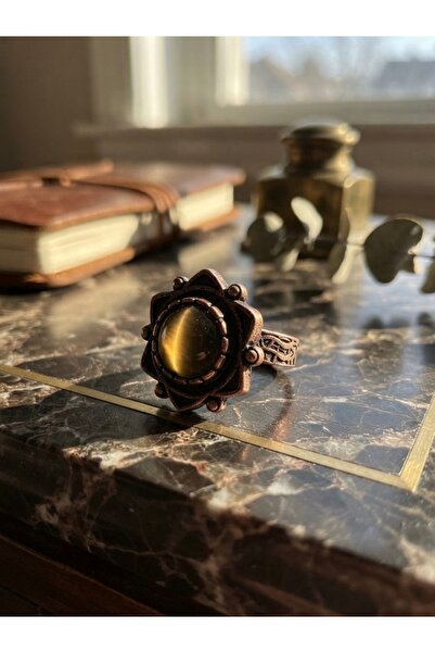 Meneva Aksesuar Brown Cat's Eye Natural Stone Adjustable Authentic Copper Ring