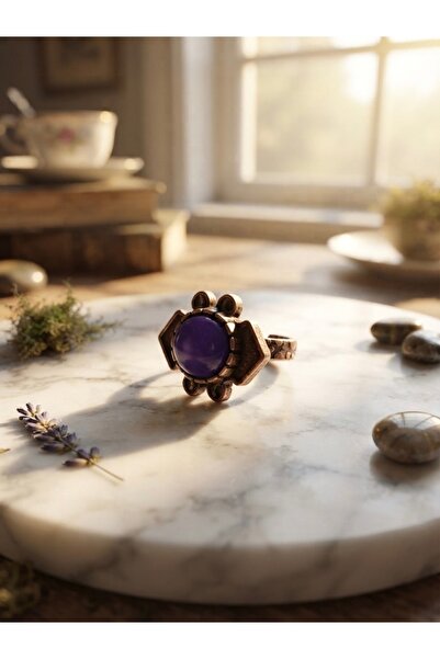 Meneva Aksesuar Adjustable Authentic Copper Ring with Purple Agate Natural Stone