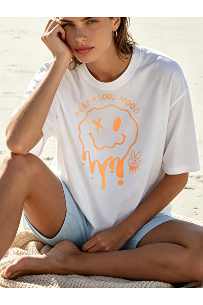 Fleck Womens T Shirts Keep A Good Mood Smiley Face Graphic Oversized Casual S...
