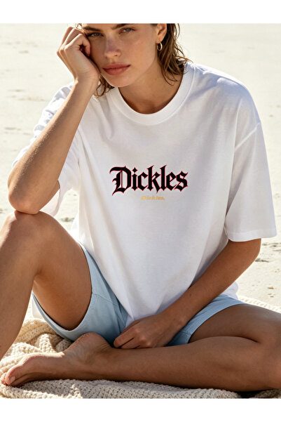 Fleck Womens T Shirts Dickles Logo Print Oversized Casual Style White Cotton ...