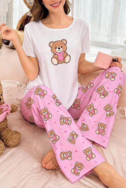 New Pink Bear Kısa Kollu Kadın Pijama Takımı