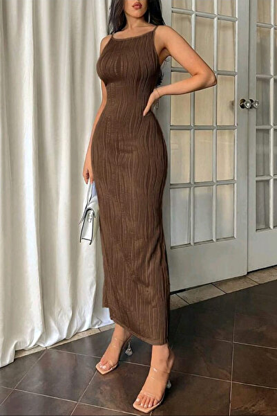 missamour Women's Thin Straps Textured Crinkle Fabric Bodycon Maxi Dress