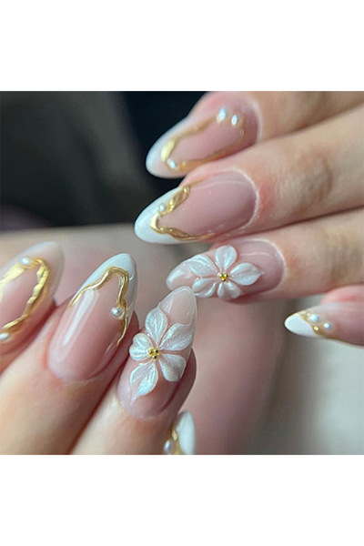 Choice3 1XB1-13842 24pcs Flower Long Almond Press on False Nails Sets Reusabl...
