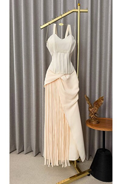 ALTOBAD Beige Crepe Evening Dress with Tassels