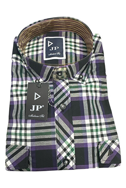 OEM Camasa barbati indigo mov carouri, cu maneca scurta, slim fit, bumbac-pol...