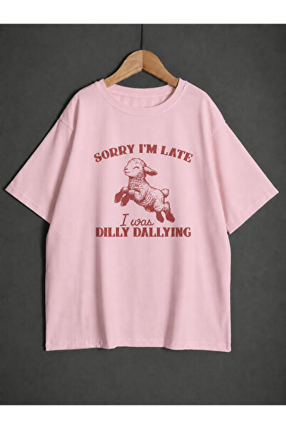ZİYMO Women's Sorry I'M Late Lamb Printed Oversized T-Shirt