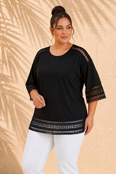 FOR ESRA BIG TREND Women's Plus Size Lace Detailed Low Sleeve Side Slit Stret...
