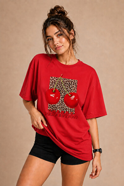 FECCY Premium Leopard Cherry Unisex Oversize Women's T-Shirt Men's T-Shirt Co...