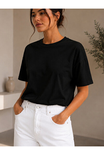 MİLANDORE Kadın Siyah Basic T-Shirt - Basic Rahat Kesim Bisiklet Yaka Pamuklu...