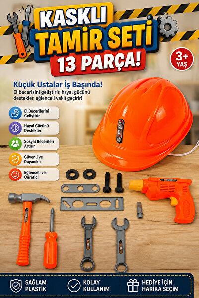 craftivio 13 Parça Kasklı Oyuncak Tamir Seti - Matkaplı Eğitici Usta Seti 3+ Yaş