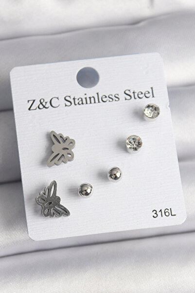 ARMÜZ 316L Steel Silver Color Zircon Stone Butterfly Model Women's Earring Set