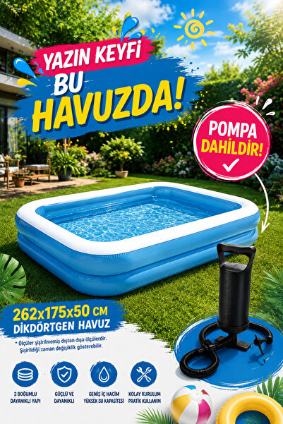 hak-iş oyuncak 262x175x50 Cm Dikdörtgen Şişme Aile Havuzu + 30 Cm Çift Fonksi...