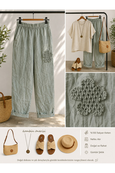 MADE İN ITALY Talyan Raw Linen Women's Trousers Elastic Waist Handcrafted Flo...