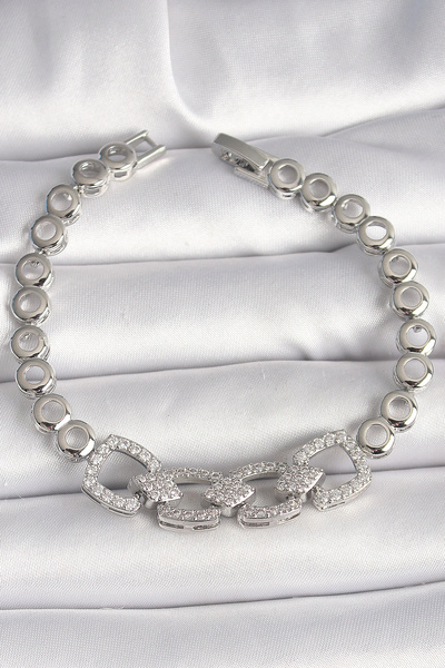 ARMÜZ Brass Silver Color Zircon Stone Circle Chain Model Women's Bracelet