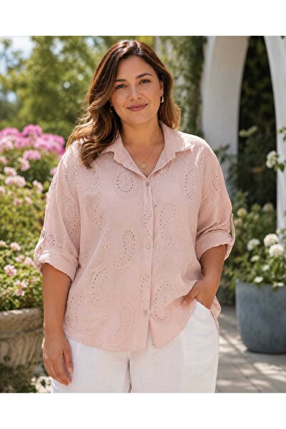 Butik Şans Women's Oversized Italian Cotton Shirt with Shawl Motif Embroidery