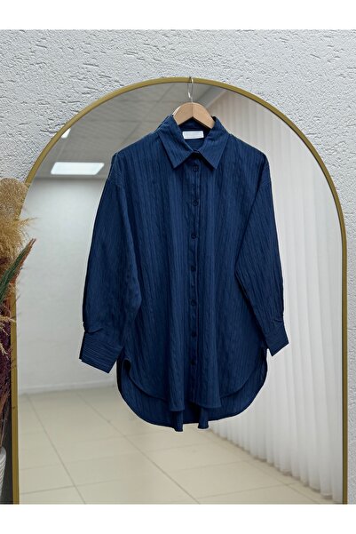 MİHRA STORE Çiğdem Çizgili Keten Karışımlı Oversize Kadın Gömlek-ZN1174 Lacivert
