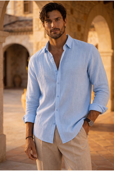 Valiberta Heritage 100% Cotton Natural Textured Flared Men's Shirt - Blue