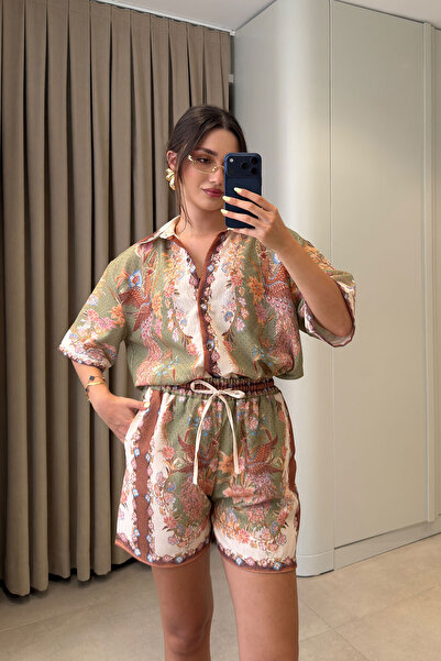 MAGARDE Linen Patterned Shorts and Shirt Set - Green