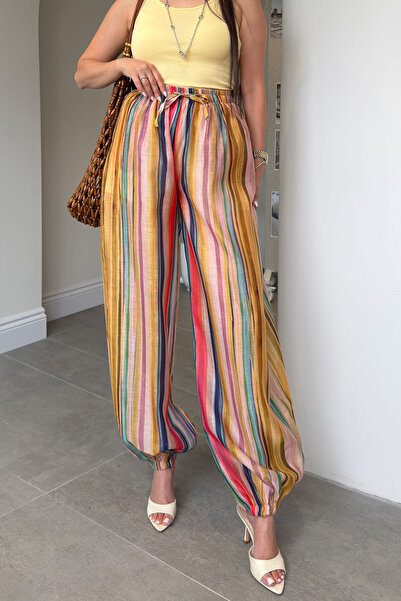 MAGARDE Elastic Waist Striped Pants - Yellow