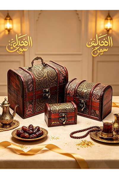 QIANBEIYOU Three Sizes of Antique Wooden Treasure Chest Jewelry Storage Box R...