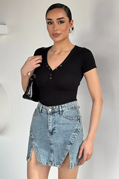 Aryena Black Women's V-Neck Lycra Blouse with Front Snap Buttons