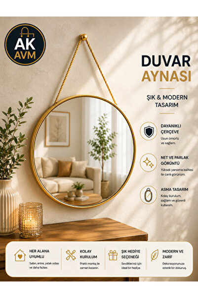 Ak Avm 30cm Modern Askı Detaylı Dekoratif Ayna