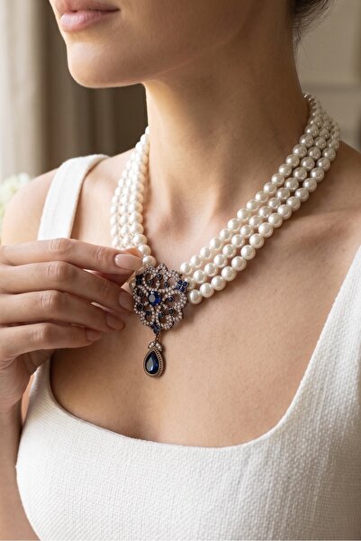FAYRA ACCESSORIES Kristal Taşlı Su Damlası Sallantılı Tasarım İnci Kolye