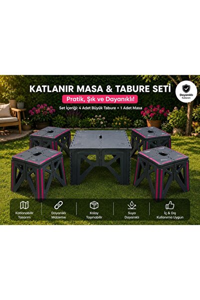 DEYHOME 4 Büyük Katlanabilir Tabure + 1 Katlanabilir Plastik Masa Seti – Bahç...