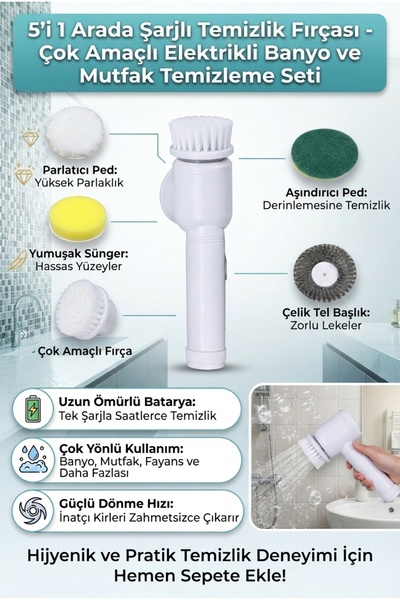 ALL FAST 5'i 1 Arada Şarjlı Temizlik Fırçası - Çok Amaçlı Elektrikli Banyo ve...