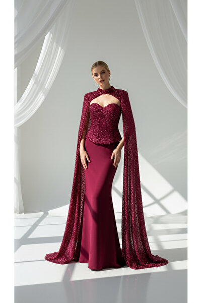 holie dress KADIN PAYET İŞLEMELİ PELERİN DETAYLI UZUN ABİYE ELBİSE