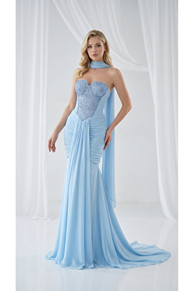holie dress STRAPLEZ DRAPELİ ŞİFON UZUN ABİYE ELBİSE