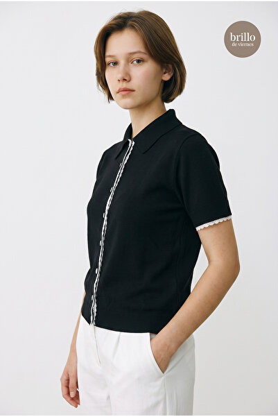 Bisou Polo Collar Front Buttoned Lace Trim Slim Knitwear Blouse