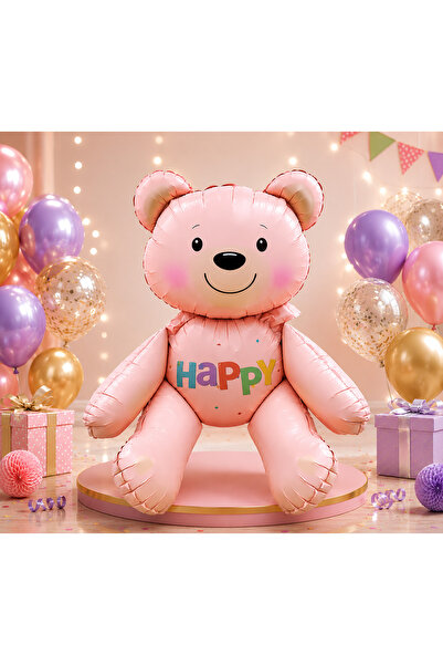Parti Dükkanı 77X70 cm Large Size Cute Pink Teddy Bear Happy Foil Balloon Hel...
