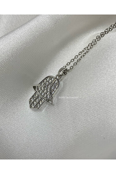 Samu Accessories Stone-Studded Fatma Ana Eli Steel Necklace - Silver Zirconia...