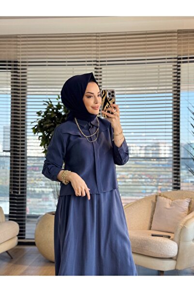 ALANURMODA 7510 navy blue skirted suit with detachable shoulder