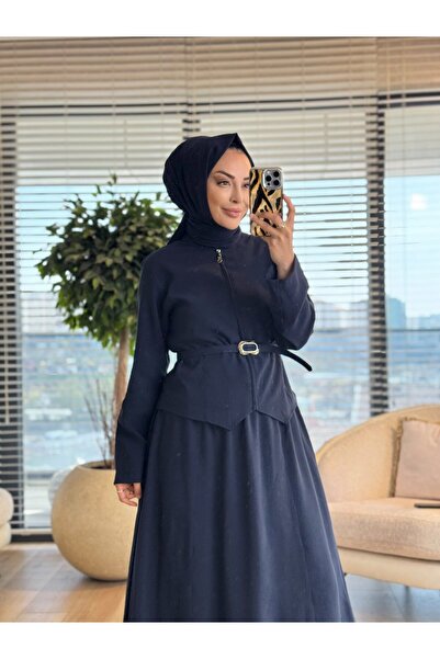 ALANURMODA 7520 Front Zippered Skirt Suit with Belt Navy Blue