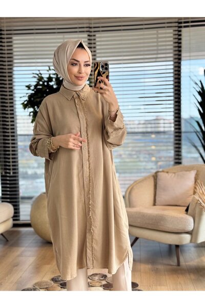ALANURMODA 7495 Tencel Long Tunic with Fringe Detail on the Hem and Sleeves, ...